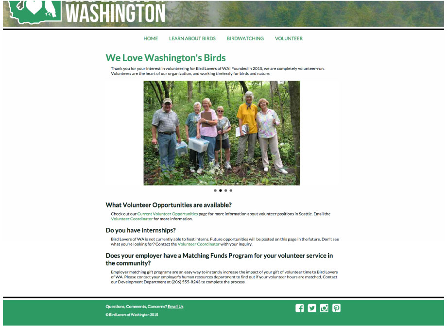 Bird Lovers of WA: Volunteer information page with jQuery animated text and image slider