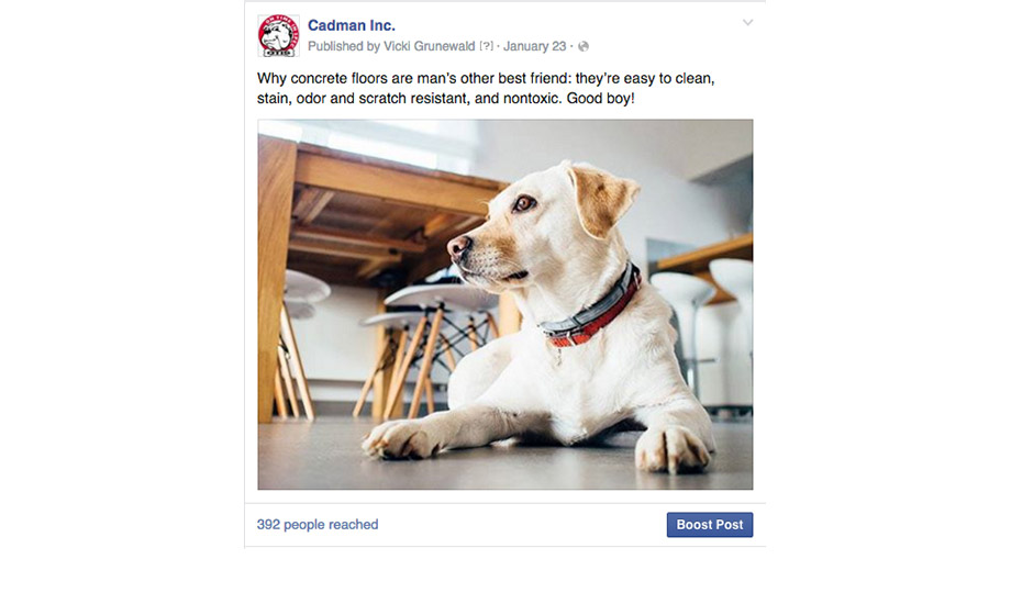 Cadman: Post promoting concrete floors, reached almost 400 people with 7% engagement rate