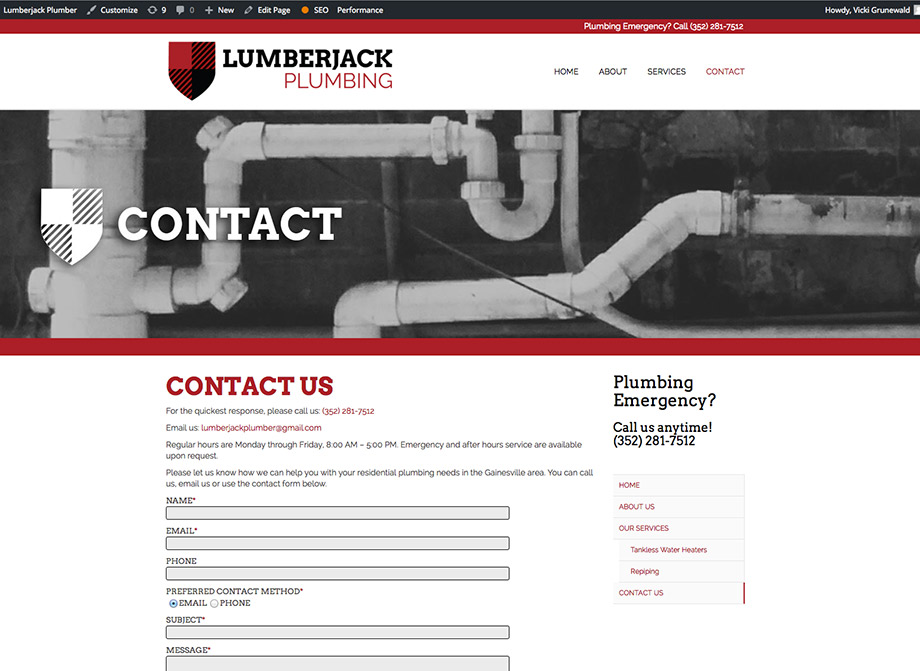 Lumberjack Plumbing: Contact page provides multiple contact methods for potential clients