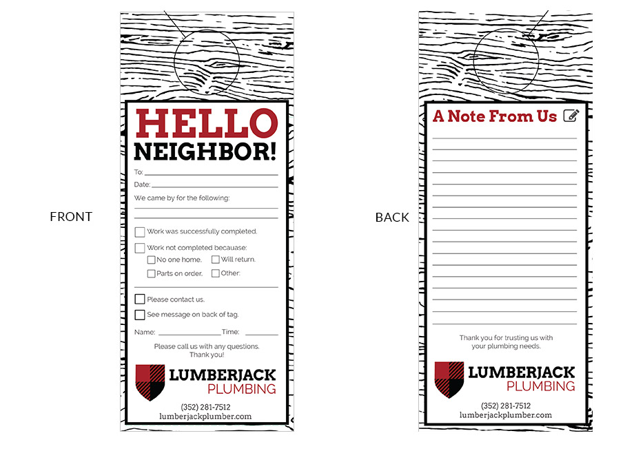Lumberjack Plumbing: Door hanger design to notify existing customers