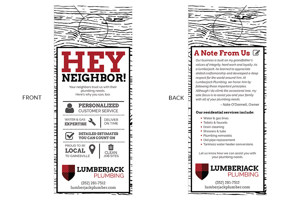 Lumberjack Plumbing: Door hanger design to attract new customers