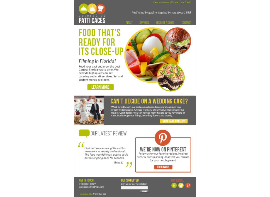 Catered by Patti Caces: Sample email newsletter design