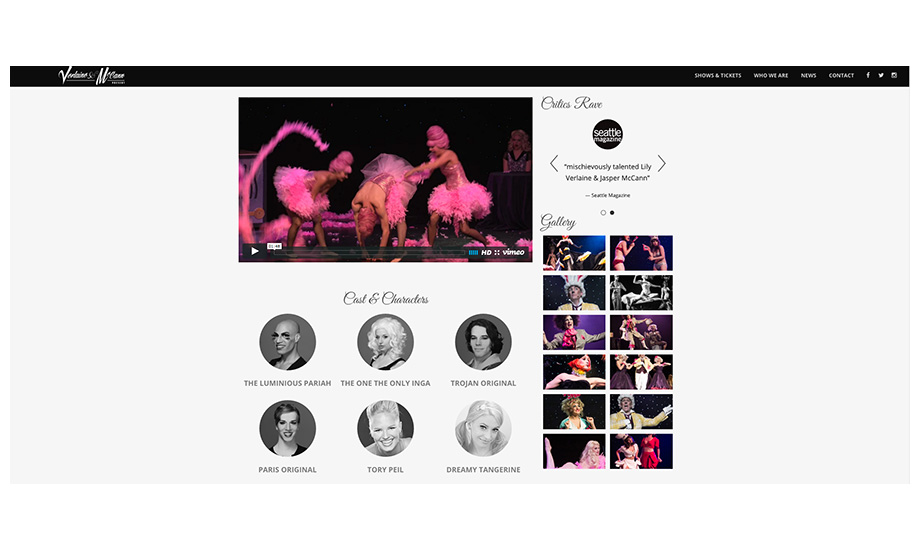 Verlaine & McCann: Variety of content types displayed on inner show page (video, Instagram feed, images)